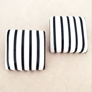 Black and White Square Striped Earrings Hard Acrylic Pierced